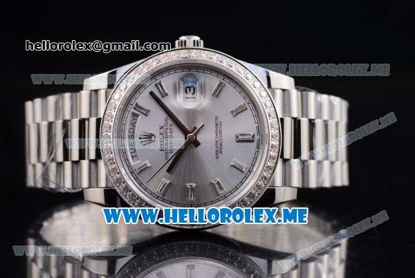 Rolex Day-Date Swiss ETA 2836 Automatic Stainless Steel Case/Bracelet with Silver Dial and Stick Markers Diamonds Bezel (BP) - Click Image to Close
